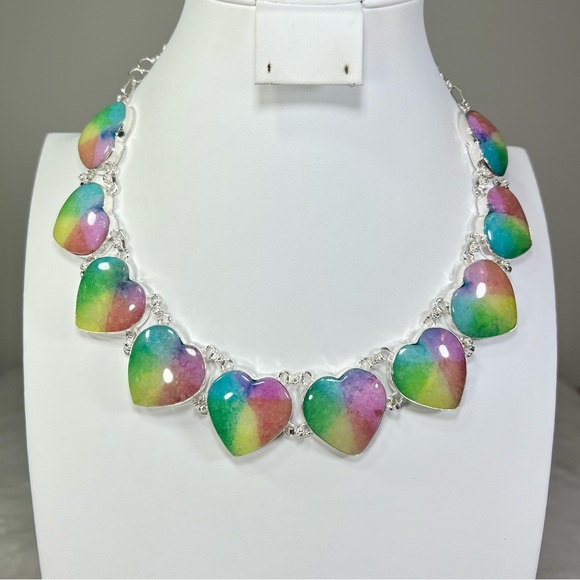 Beautiful 🌈💗 925 Rainbow Solar Quartz Hearts Large Gemstone Necklace Earrings - Picture 3 of 9